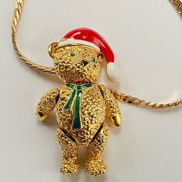 movable brooch pendant gold tone enamel rheistones Bear Santa Christmas pin VTG - Picture 3 of 8